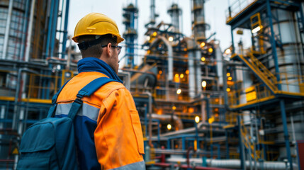An industrial worker in safety gear looks out over a large refinery complex during the day.