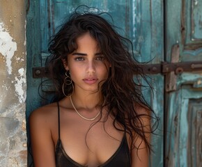 Fototapeta premium A young woman with long, wavy hair standing against a weathered blue door, wearing a thin-strapped black top and large hoop earrings, gazes directly at the camera