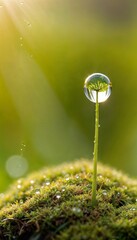 water droplet rests on a plant in a green field