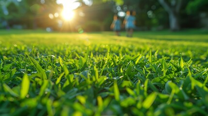 A picturesque park scene showcasing lush green grass beautifully illuminated by the warm sunlight, with two people walking in the distance as the sun sets