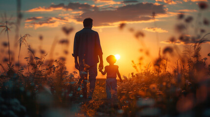 Silhouette of a father and his young son holding hands while walking through a meadow at sunset.