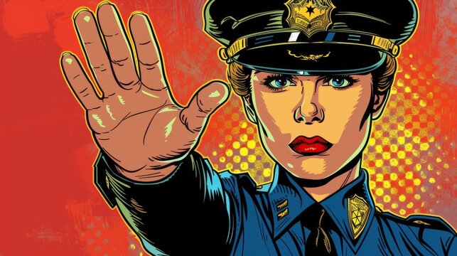 Vector illustration of female police officer with hand gesture. Comic book.
