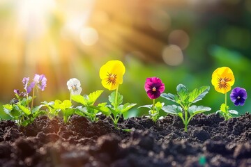 Sunlit garden with pansies in bloom, vibrant colors and lush greenery, showcasing the beauty of spring flowers and the joy of gardening in a natural setting