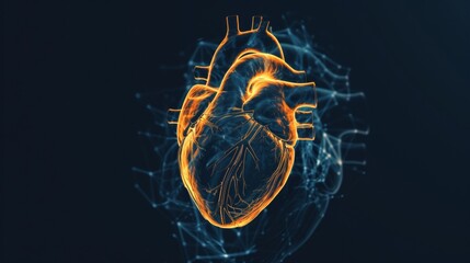 Glowing human heart 3D over dark background