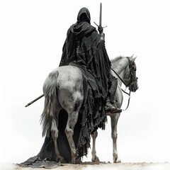 Fototapeta premium a knight in a black cloak and with a sword on a gray horse, white background