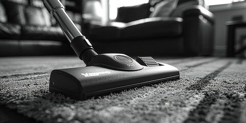 Close-up of a modern vacuum cleaner head on a textured carpet in a living room environment, highlighting home cleaning equipment