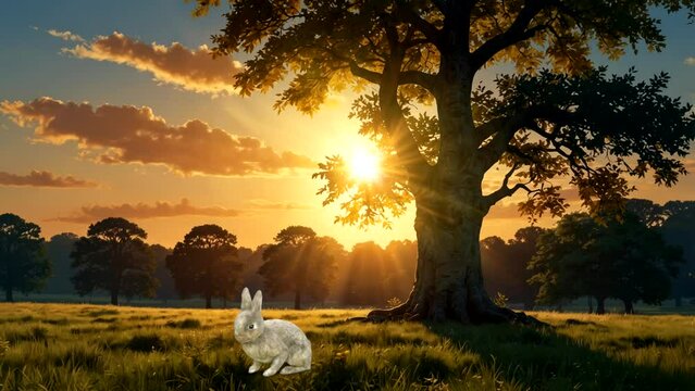 Animation of the Sun breaking through a sycamore tree at sunset on a summer meadow  Seamless looping 4k time-lapse animation video background