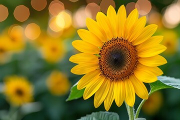 Fototapeta premium A captivating close-up of a vibrant sunflower in full bloom against a blurred background of similarly radiant sunflowers and warm bokeh light effects