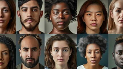 A collage of diverse faces featuring individuals from various ethnic backgrounds, expressing subtle emotions in a neutral setting