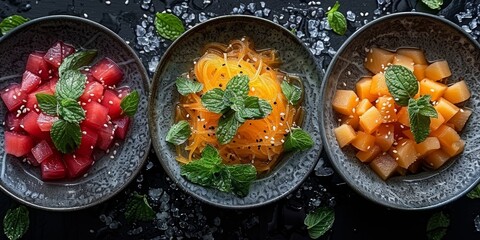 Three vibrant, healthy fruit salads beautifully presented in artistic bowls on a dark, atmospheric background, sprinkled with water droplets and mint leaves