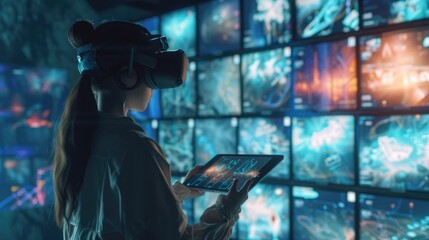 Creative art designer or digital designer wearing VR headset while designing artwork. Smart artist standing in front of digital monitor with casual cloth and working on visual reality goggle. AIG42.