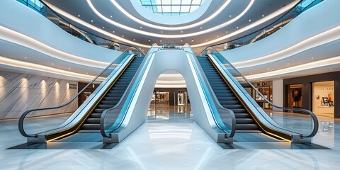 Fototapeta premium Architecturally striking interior of a modern shopping mall featuring sleek, curved escalators and bright, luminous lighting design