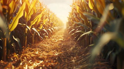 camino de milpa de cosecha de elotes de maiz con el sol iluminando a contraluz en un hermoso atardecer
