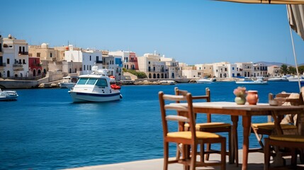 Fototapeta premium A boat docked with tables and chairs. Generative AI