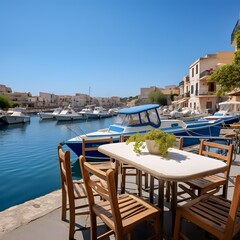 Fototapeta premium A boat docked with tables and chairs. Generative AI