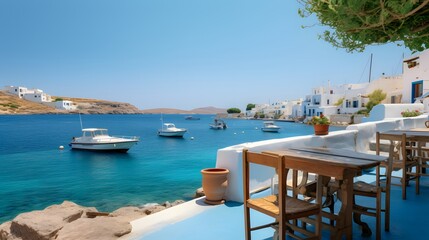 Obraz premium Shot of lakeside table with chairs. Generative AI