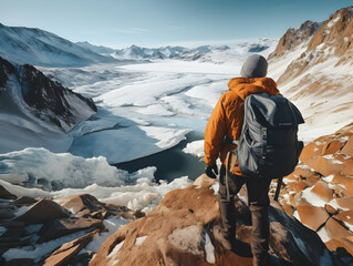 Fototapeta premium Hiking On Mountain, people&nbsp;with backpack hiking on mountain peaks, Hiking on green and Icy mountains, foggy hills, Hiking on open natural air, travel on mountain.