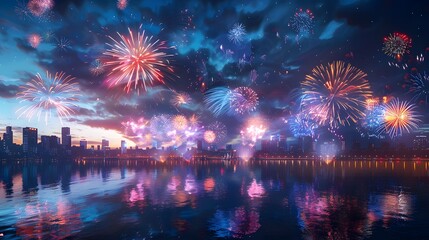 A beautiful display of colorful fireworks illuminating the night sky over an urban cityscape, creating a stunning and vibrant atmosphere for New Year's celebration or other festive events.
