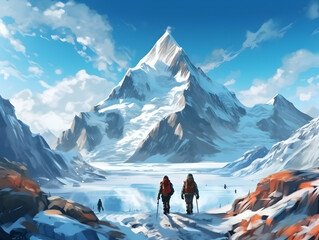 Hiking On Mountain, people&nbsp;with backpack hiking on mountain peaks, Hiking on green and Icy mountains, foggy hills, Hiking on open natural air, travel on mountain.