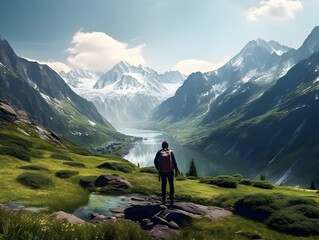 Naklejka premium Hiking On Mountain, people&nbsp;with backpack hiking on mountain peaks, Hiking on green and Icy mountains, foggy hills, Hiking on open natural air, travel on mountain.