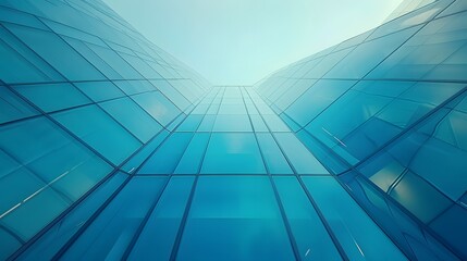 Obraz premium A blue glass building with triangular patterns, featuring the concept of modern architecture and technology, featuring geometric shapes.