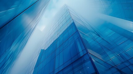 A blue glass building with triangular patterns, featuring the concept of modern architecture and technology, featuring geometric shapes.