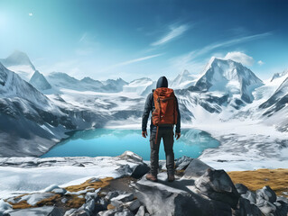 Fototapeta premium Hiking On Mountain, people&nbsp;with backpack hiking on mountain peaks, Hiking on green and Icy mountains, foggy hills, Hiking on open natural air, travel on mountain.