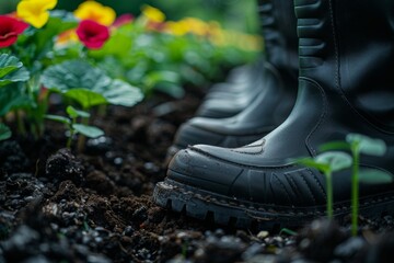 Close up of boots in garden soil, vibrant flowers in background, natural light, emphasizing the effort and dedication in gardening - Powered by Adobe