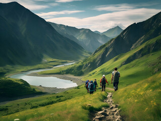 Obraz premium Hiking On Mountain, people&nbsp;with backpack hiking on mountain peaks, Hiking on green and Icy mountains, foggy hills, Hiking on open natural air, travel on mountain.