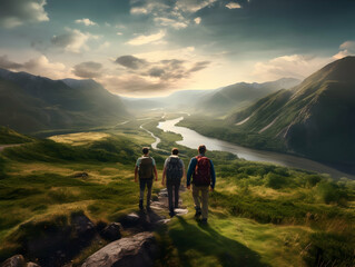 Fototapeta premium Hiking On Mountain, people&nbsp;with backpack hiking on mountain peaks, Hiking on green and Icy mountains, foggy hills, Hiking on open natural air, travel on mountain.