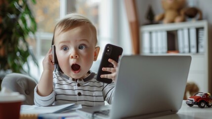 Surprised cute baby working on laptop and making phone calls at home. Remote work concept. Funny.