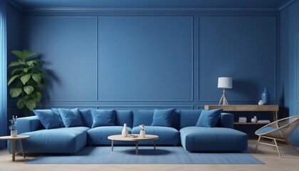 Modern interior of living room, concept of classic blue color of the year 2024 in interior, 3d render ,digital illustration created with generative ai.