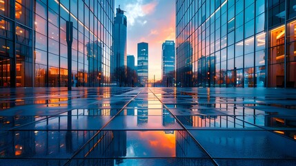 A city street with glass buildings reflecting the sky, illuminated by warm lights at dusk. A skyscraper stands tall in the background.
