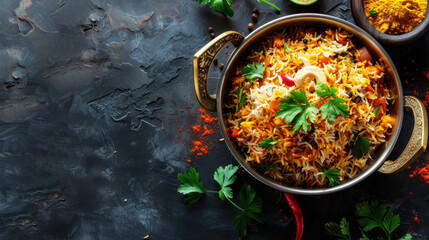 aromatic indian biryani with saffron rice and mixed vegetables in a brass pot with a copy space