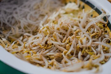 A bowl of bean sprouts and rice vermicelli to be used as toppings for soto