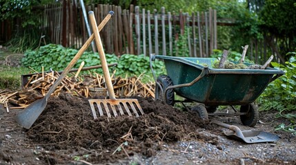 Fototapeta premium A variety of garden tools such as a rake shovel and wheelbarrow next to a compost pile.