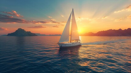 Sailing ship in sea water at sunset.