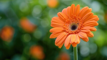Gerbera daisy with orange petals against a natural backdrop