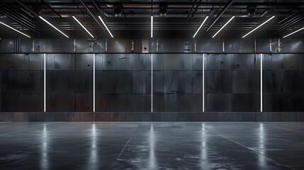 A large empty dark grey industrial wall with soft lighting, empty space for product display, concrete floor, and metal beams, creating an atmosphere of sophistication and sleekness.