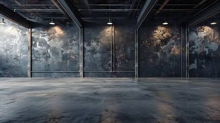 A large empty dark grey industrial wall with soft lighting, empty space for product display, concrete floor, and metal beams, creating an atmosphere of sophistication and sleekness.