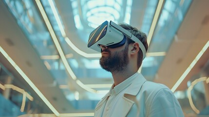 A man wearing VR glasses stands in the office building, with bright lighting and virtual reality elements around him.