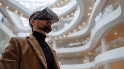 A man wearing VR glasses stands in the office building, with bright lighting and virtual reality elements around him.