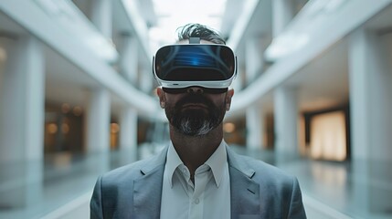 A man wearing VR glasses stands in the office building, with bright lighting and virtual reality elements around him.