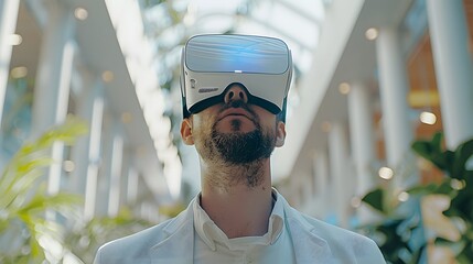 A man wearing VR glasses stands in the office building, with bright lighting and virtual reality elements around him.