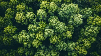 Naklejka premium Aerial top view of green trees in forest. Drone view of dense green tree captures CO2. Green tree nature background for carbon neutrality and net zero emissions concept. Sustainable green environment.