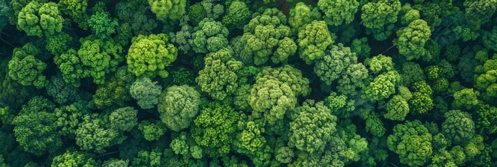 Naklejka premium Aerial top view of green trees in forest. Drone view of dense green tree captures CO2. Green tree nature background for carbon neutrality and net zero emissions concept. Sustainable green environment.