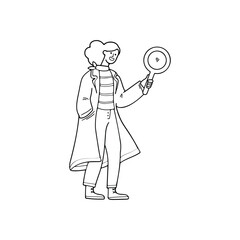 black and white isolated illustration of a woman holding a magnifying glass for searching