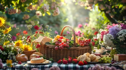 A picnic basket filled with fresh fruits, pastries and flowers on a table in a garden background.