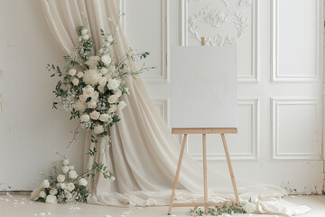 Minimalist Wedding Setup with Flowers and Easel