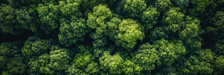 Naklejka premium Aerial top view of green trees in forest. Drone view of dense green tree captures CO2. Green tree nature background for carbon neutrality and net zero emissions concept. Sustainable green environment.
